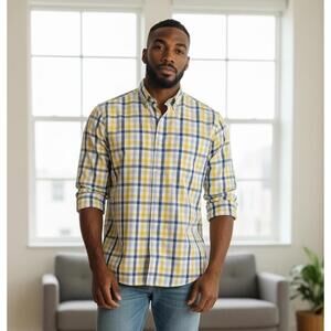 St. Croix Made in Italy 100% Cotton Yellow Plaid Long Sleeve Shirt Mens Large